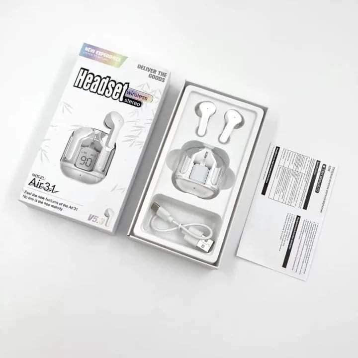 Air31 Wireless Earbuds Transparent With Deep Bass & Battery Display (Imported)