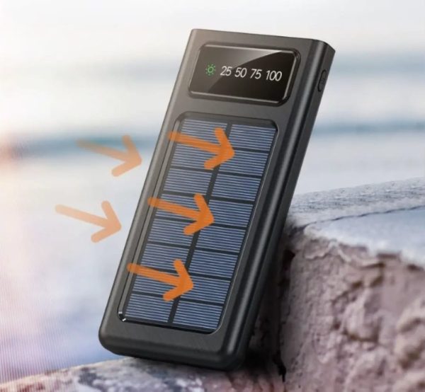 Black 10000mah USB and Solar Energy Power Bank for Android Type C and iPhone, featuring a direct-attached output cable