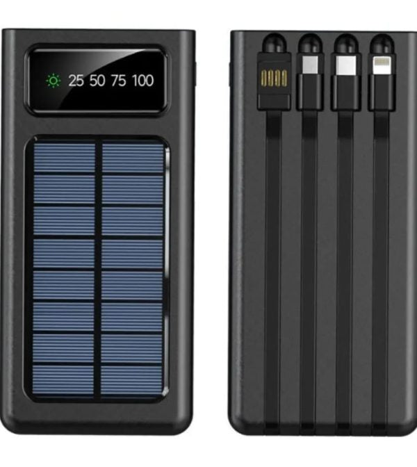 Black 10000mah USB and Solar Energy Power Bank for Android Type C and iPhone, featuring a direct-attached output cable