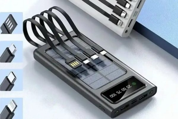 Black 10000mah USB and Solar Energy Power Bank for Android Type C and iPhone, featuring a direct-attached output cable