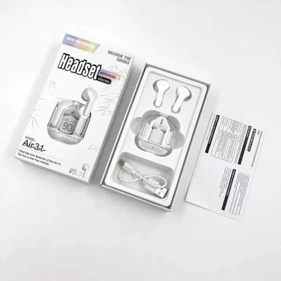 Air31 Wireless Earbuds Transparent With Deep Bass & Battery Display (Imported)