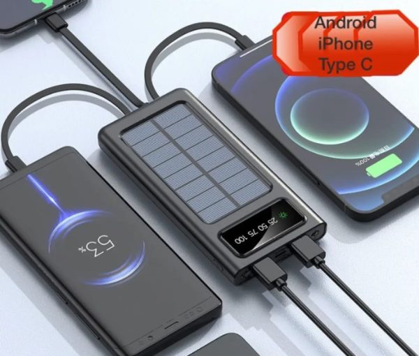 Black 10000mah USB and Solar Energy Power Bank for Android Type C and iPhone, featuring a direct-attached output cable