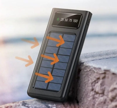 Black 10000mah USB and Solar Energy Power Bank for Android Type C and iPhone, featuring a direct-attached output cable