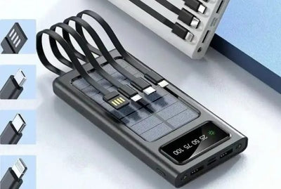 Black 10000mah USB and Solar Energy Power Bank for Android Type C and iPhone, featuring a direct-attached output cable