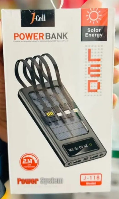 Black 10000mah USB and Solar Energy Power Bank for Android Type C and iPhone, featuring a direct-attached output cable