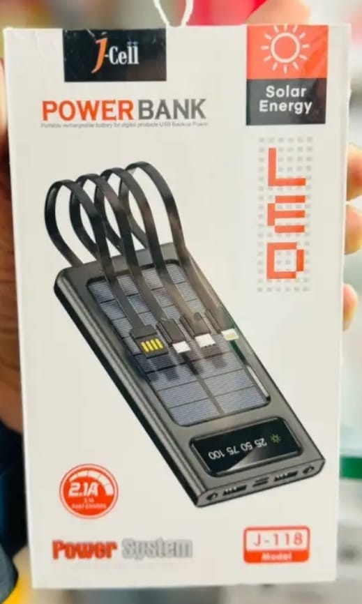 Black 10000mah USB and Solar Energy Power Bank for Android Type C and iPhone, featuring a direct-attached output cable